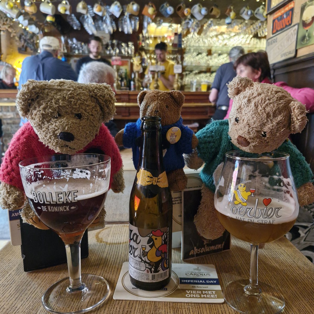 To mark our first full day living in Bruges, Arpad & I have taken Lenny Bear to PUB 🍻 🐻 🇧🇪 ##smallbearsneedbeer