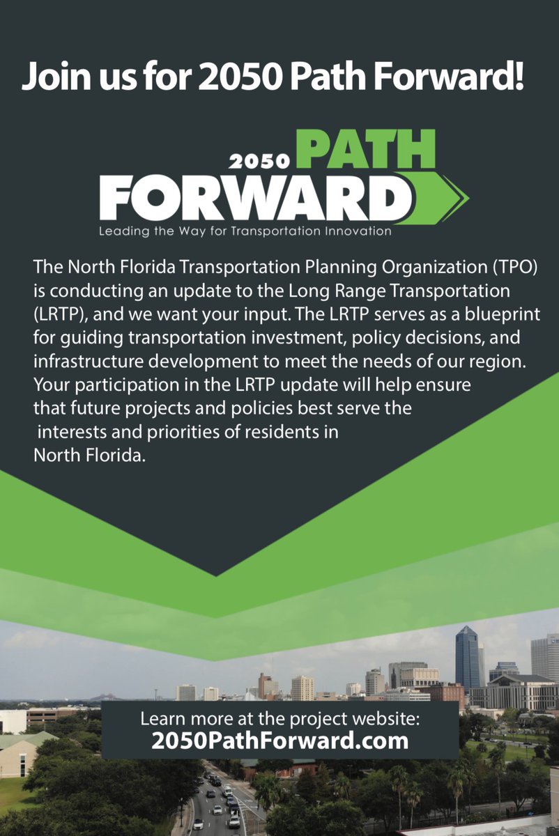 The @NorthFloridaTPO wants to hear from you 🚗 They are gathering data for their Long-Range Transportation Plan 2050 and are looking for your opinions in varied transportation categories. To take the survey and for more information on 2050 Path Forward: surveymonkey.com/r/LRTP_Survey2…