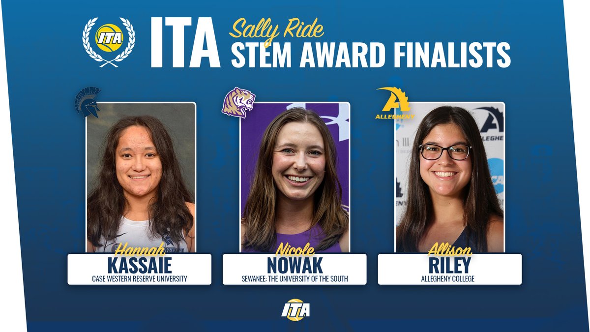 𝐒𝐚𝐥𝐥𝐲 𝐑𝐢𝐝𝐞 𝐒𝐓𝐄𝐌 𝐀𝐰𝐚𝐫𝐝 𝐅𝐢𝐧𝐚𝐥𝐢𝐬𝐭𝐬 🎓

Congratulations to Hannah Kassaie, Nicole Nowak, and Allison Riley on being named finalists for the 2024 ITA Sally Ride STEM Award!

📰 tinyurl.com/46dpxnta (Read More)

#WeAreCollegeTennis | #ITAAwards