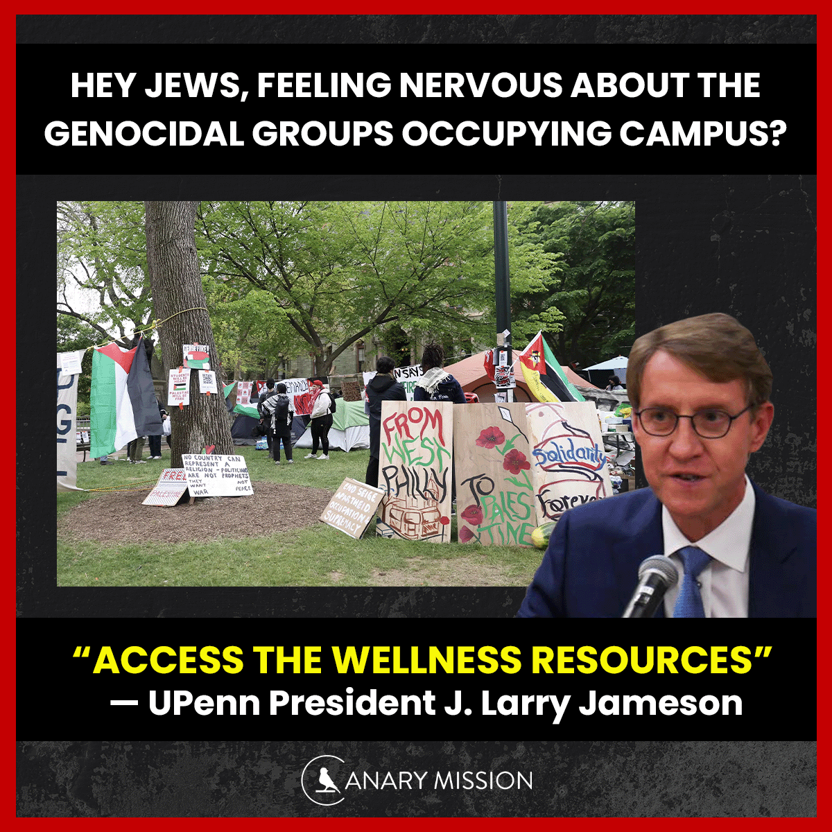 Not the @TheBabylonBee: As an illegal encampment set up @Penn, interim president J. Larry Jameson said, 'We recognize that this encampment may cause fear and anxiety by the very fact of it being on our campus. Please don’t hesitate to access Penn’s safety and wellness