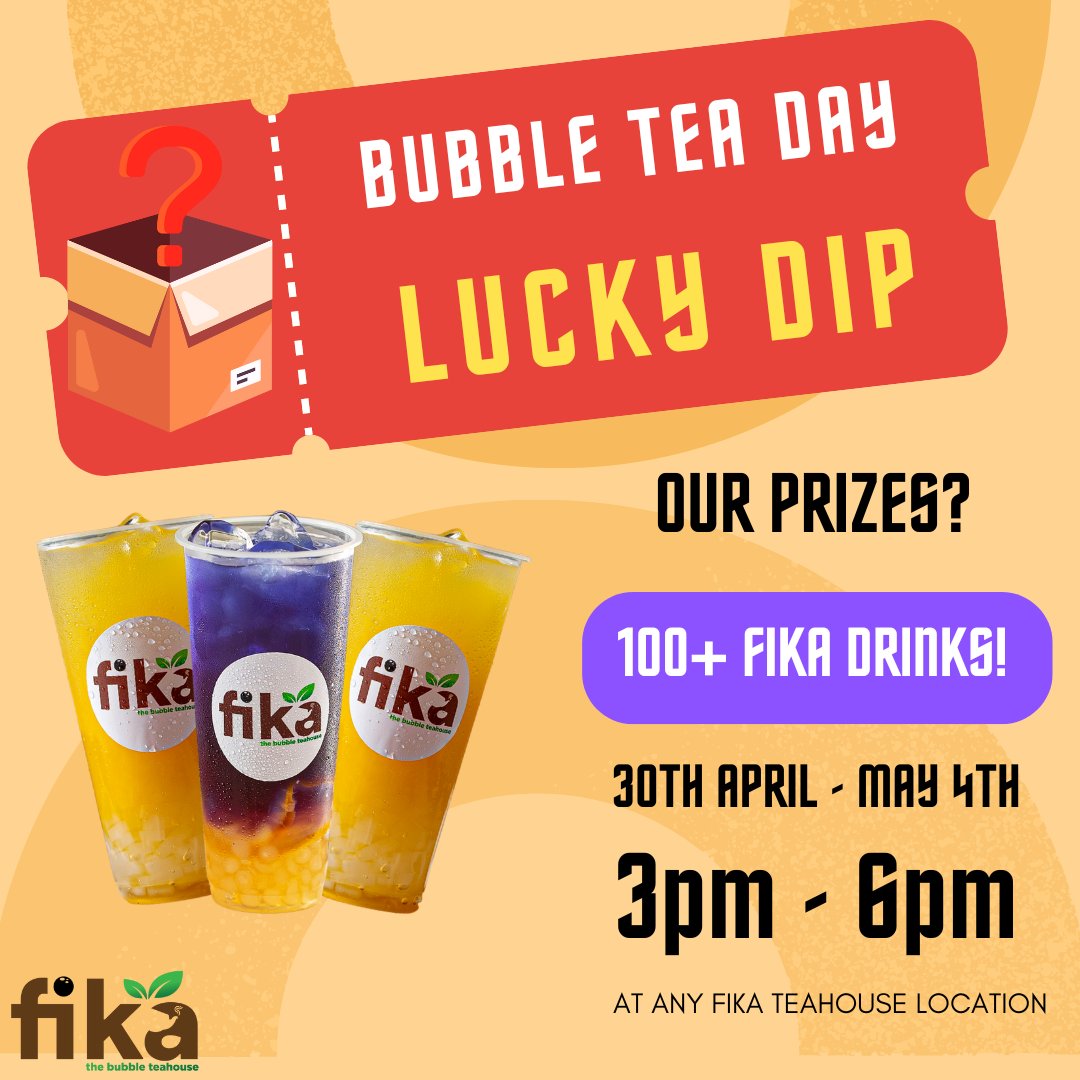 TheFikaTeahouse's tweet photo. It's Bubble Tea Day & we're giving away 100+ FREE drinks! Win yours during FIKA Happy Hour (3pm-6pm) at any of our locations & enter to win your fave Fika Tea drink bestea! #FikaTeahouse #BubbleTeaDay https://t.co/shzu6ske7g