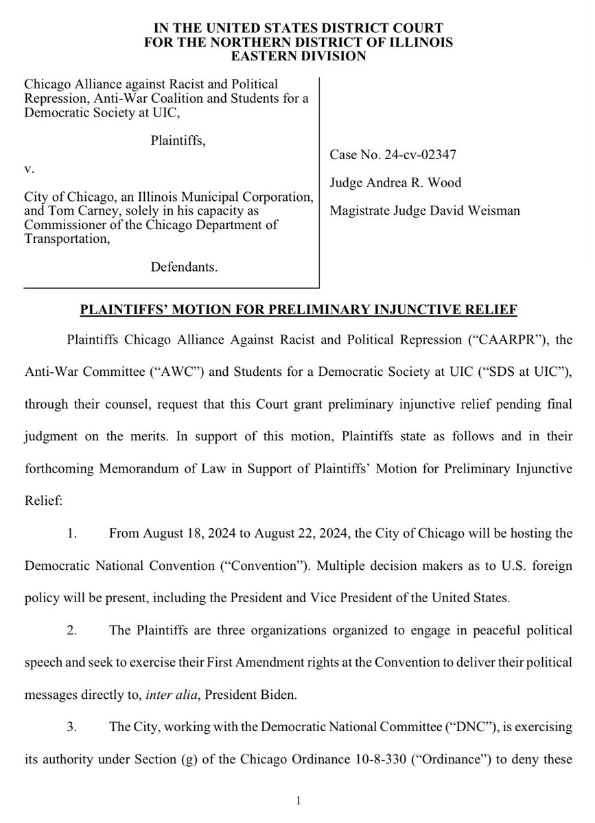 JUST IN: Activist groups who say they plan to “make life miserable” for DNC organizers and attendees this summer are asking a federal judge for a preliminary injunction barring the city from limiting the size and location of protests. Background: chicagotribune.com/2024/03/22/blo…