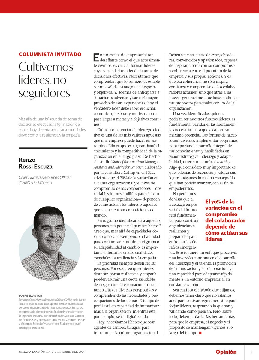 El 70% del compromiso de los colaboradores depende de cómo actúan sus líderes. Renzo Rossi, Gerente de Desarrollo Humano en Mibanco Perú, destaca la importancia de fomentar líderes resilientes e innovadores que preparen a sus colaboradores para el futuro