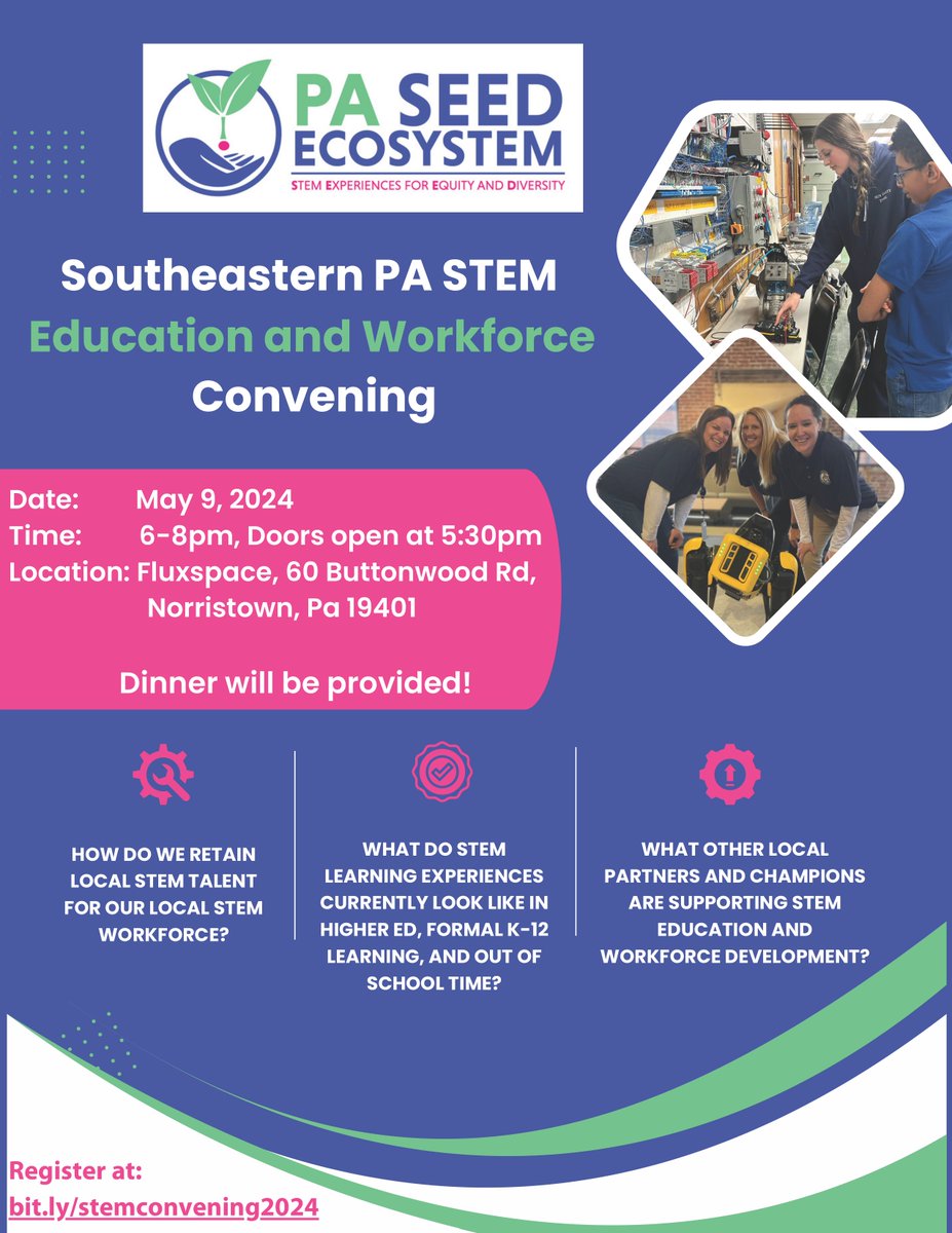 Hello all STEM Advocates!🌞Don't miss this opportunity to network & collaborate at our SE PA STEM Education and Workforce Convening, May 9, 6-8 pm. Let's build a brighter future through STEM education! Register at lnkd.in/ex-KvUiM 🌐 #STEM #Community #Workforce #PASEED