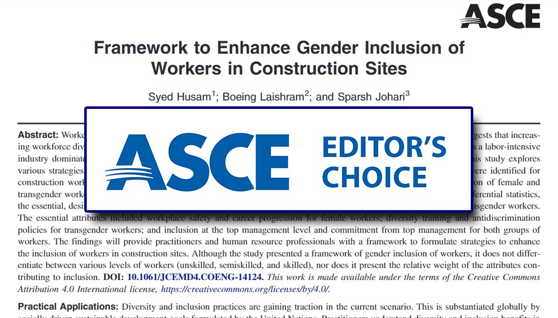 🏗️👷‍♀️ How can we make construction sites more gender inclusive? This study presents essential attributes and a strategic framework to boost inclusion. #ConstructionManagement #InclusiveWorkplace @CI_ASCE 

🔓 Open Access: doi.org/10.1061/JCEMD4…