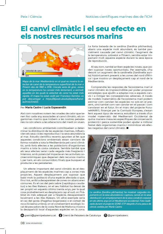 📢 Recuperem aquest article de la secció Peix i Ciència de la revista SOM PEIXATERS, del @gremipeixaters.  La @MariaCascad  i la @LuciaEspasandin ens parlen dels efectes del canvi climàtic sobre alguns recursos marins com la sardina o la sardinella. 📰Llegeix-lo!⬇️ @ICMCSIC