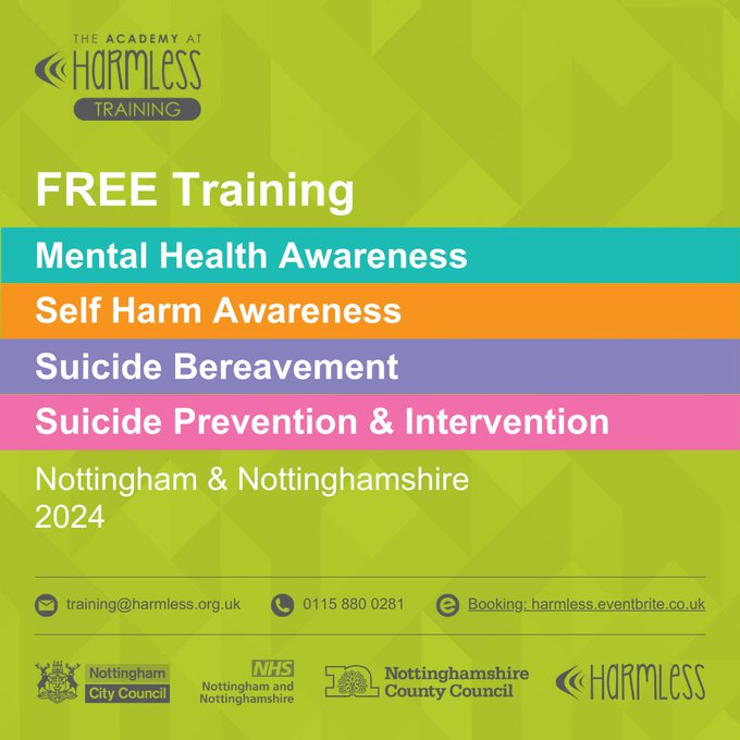 FREE training in #SuicideBereavement #MentalHealthAwareness #SuicidePrevention and #SelfHarmAwareness for workers & volunteers in #Nottingham and #Nottinghamshire. 

For full details and booking: tinyurl.com/35wmr7pb