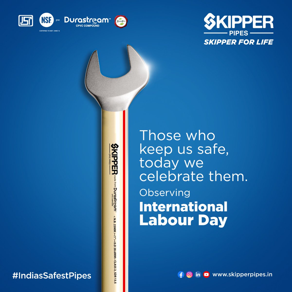 SkipperPipes's tweet photo. Today, we celebrate the hard work of our plumber friends who give their 100% to keep the people safe, always. Skipper Pipes salutes and observes International Labour Day today!
#Skipper #SkipperForLife #IndiasSafestPipes #InternationalLabourDay2024 #SkipperPipes #LeadFree #CPVC https://t.co/WrwcKSl48G