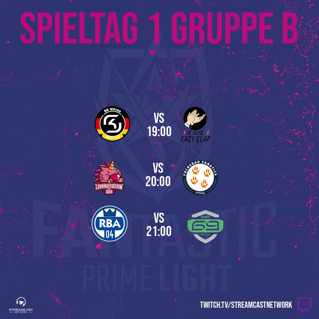 Hier heute der Start in die Gruppe B. 
Wir starten um 19 Uhr mit <a href="/SKUltras/">SK GAMING Fanclub</a> vs <a href="/EWI_FPL/">F WIE FANTEAM</a> 
Live auf:
 🇩🇪twitch.tv/streamcastnetw…
 🏴󠁧󠁢󠁥󠁮󠁧󠁿twitch.tv/fantasticprime…