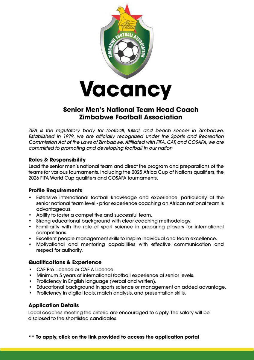 We are recruiting! Post: Warriors Head Coach Mandate: Lead the senior men’s national team and direct the program and preparations for the team for various tournaments, including the 2025 AFCON qualifiers, the 2026 FIFA World Cup qualifiers, and COSAFA tournaments. To apply,…