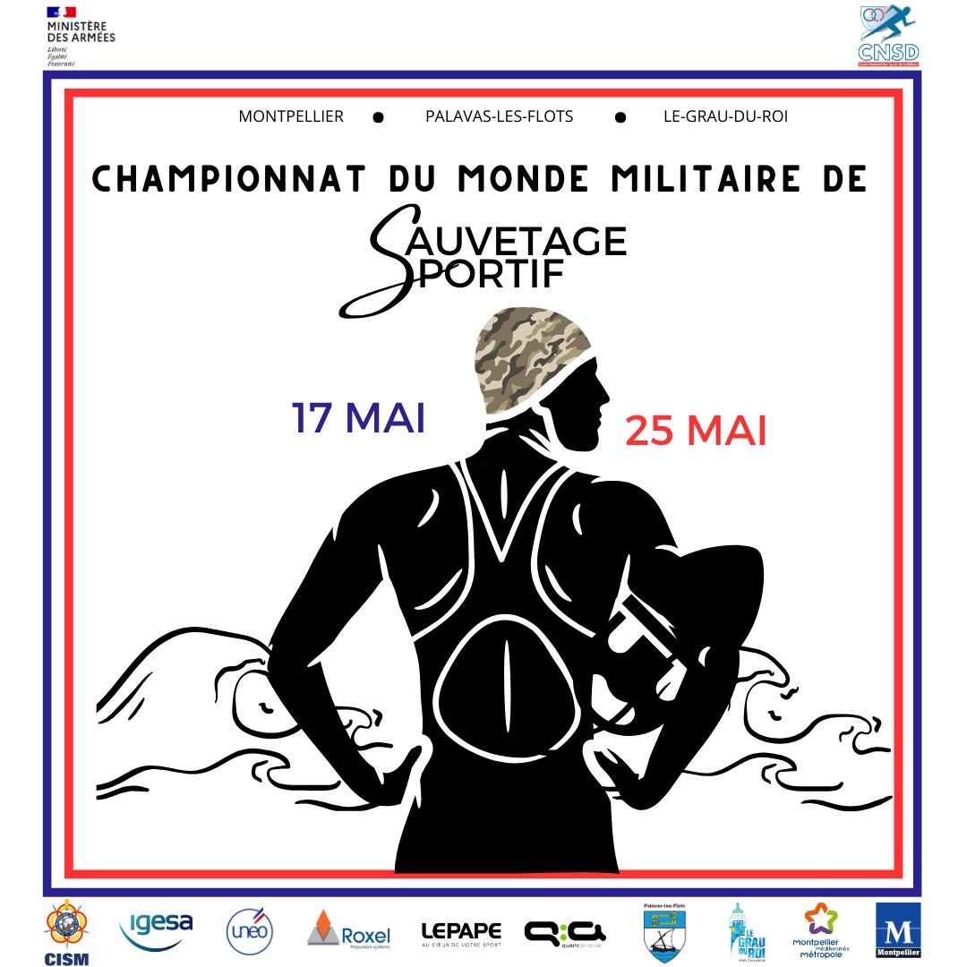 Retrouvez nos athlètes de l’équipe de France militaire lors du 12ème championnat du monde militaire de sauvetage sportif 📆Du 17 au 25 mai 🏊 13 nations Nous vous attendons nombreux ! Plus d’informations sur le site officiel de la compétition 👉cmmss-france-2024.com