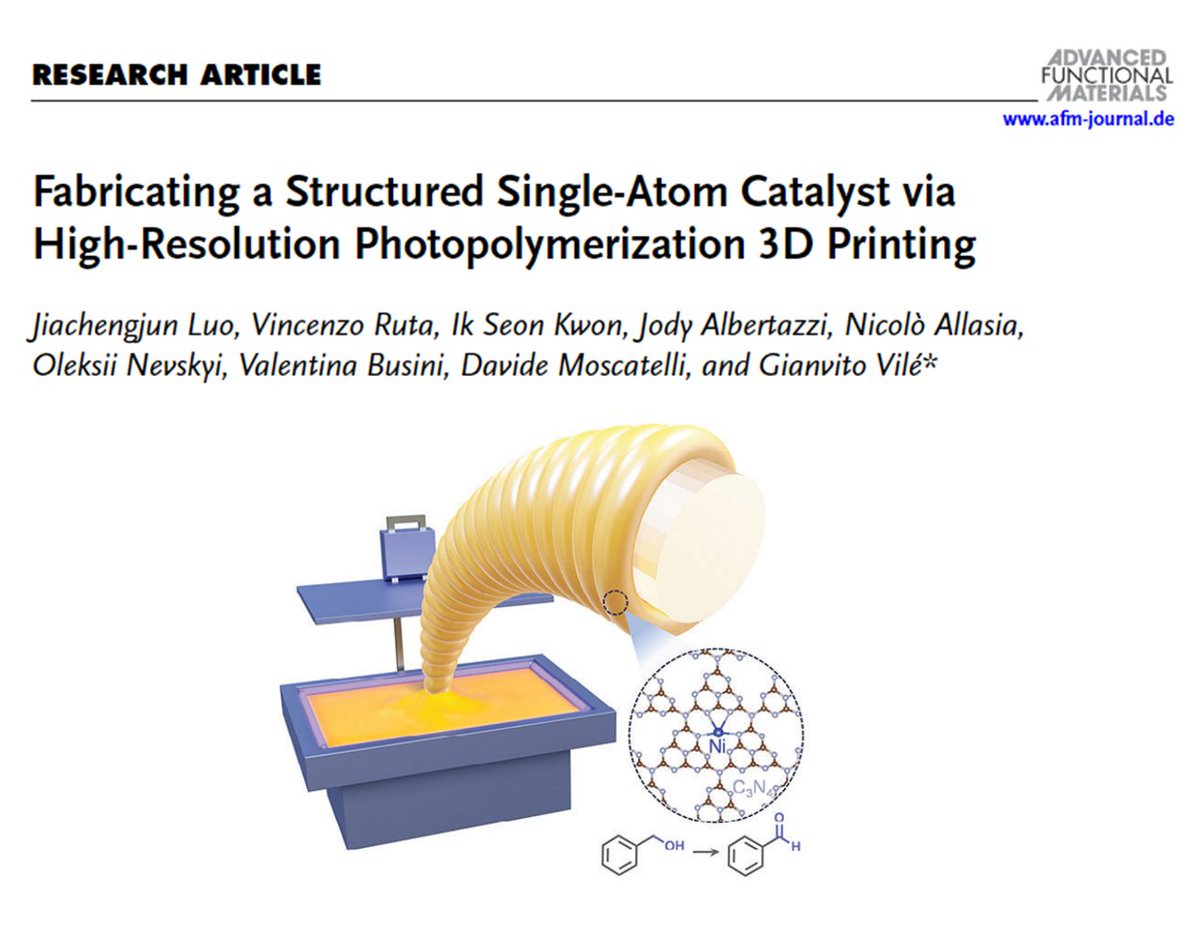 VileGroup's tweet photo. Congrats to Jia, whose 1st paper is published in #AdvFunctMater!🎉We use VAT photopolymerization to solidify a photosensitive liquid, creating a stand-alone, 1-piece, structured #SACs. No need for post-curing &amp; perfect for flow photocat! 
👉https://t.co/L6V0GtEmMo | @ERC_Research https://t.co/b3QoxyxdPP