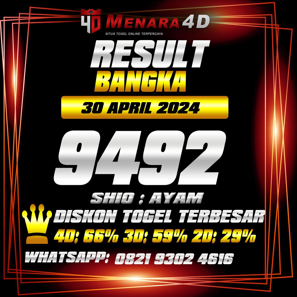 BANGKA POOLS  MENARA4D 30 APRIL 2024
RESULT : 9492
SHIO : AYAM
BAGI YANG JP SILAKAN ISI FORM WD
#resultBANGKA #resulttogel #resulthongkong #resultsingapore #resultsydney  #resulttogel #togel #slot #rtpslot #maxwin
LINK : heylink.me/DAFTARMENARA4D/