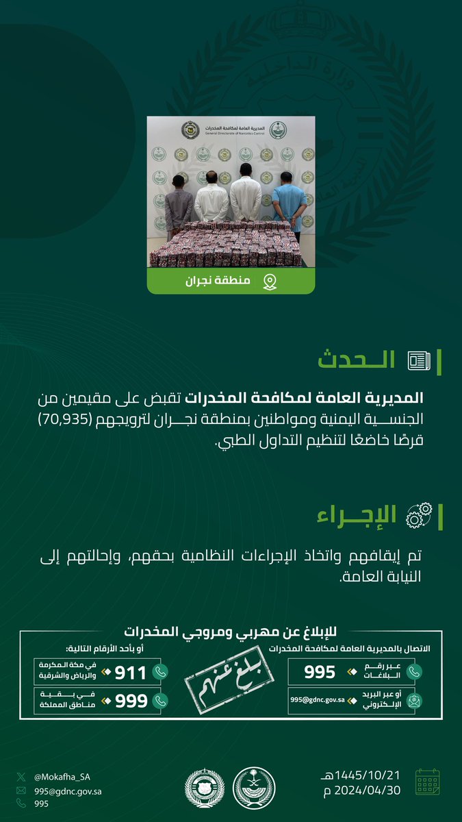 #مكافحة_المخدرات تقبض على (4) أشخاص بمنطقة نجران لترويجهم (70,935) قرصًا خاضعًا لتنظيم التداول الطبي. #الحرب_على_المخدرات #بالمرصاد