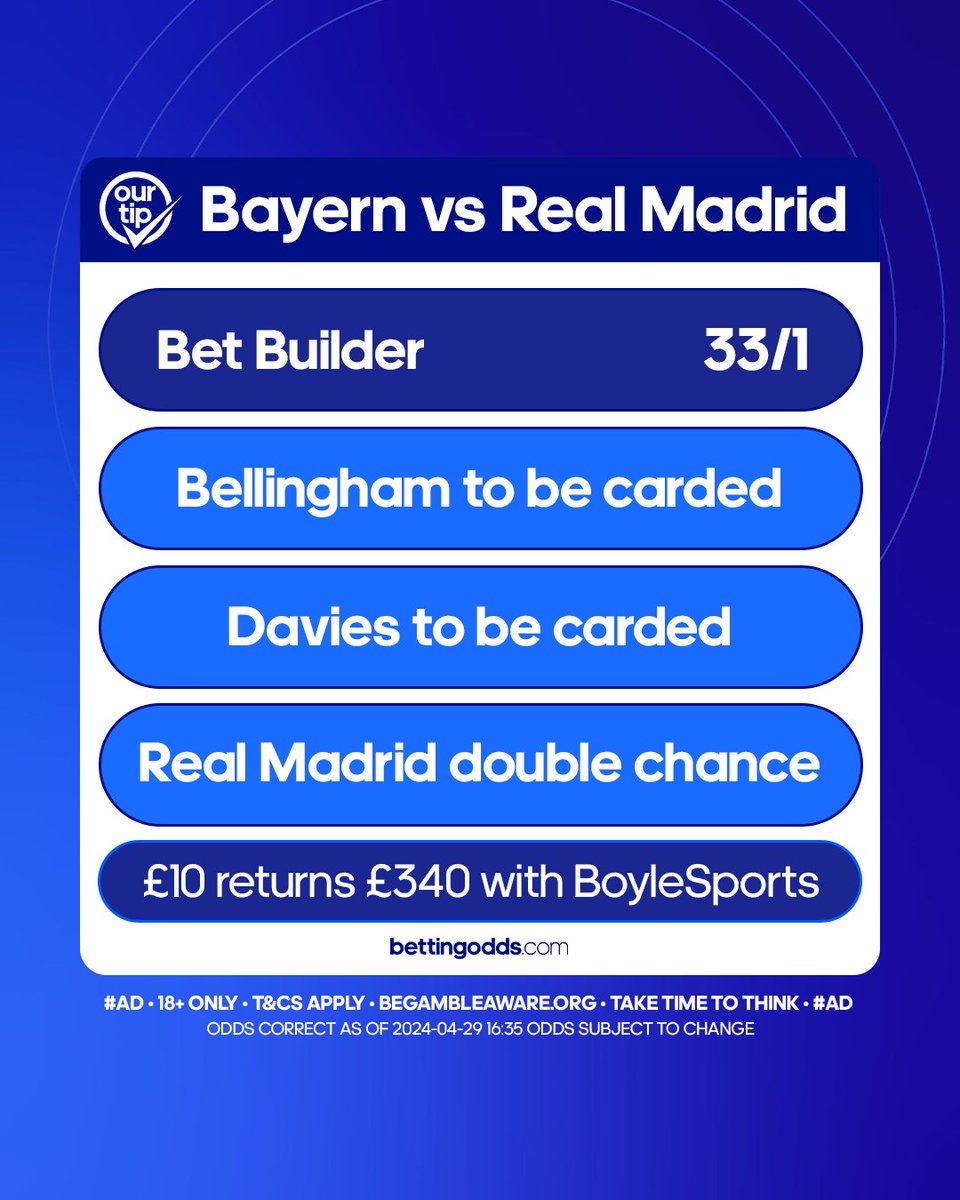 👷🏼‍♂️ We've backed this Bet Builder for Bayern vs. Real Madrid: 🔥 £10 pays £340 with BoyleSports #UCL