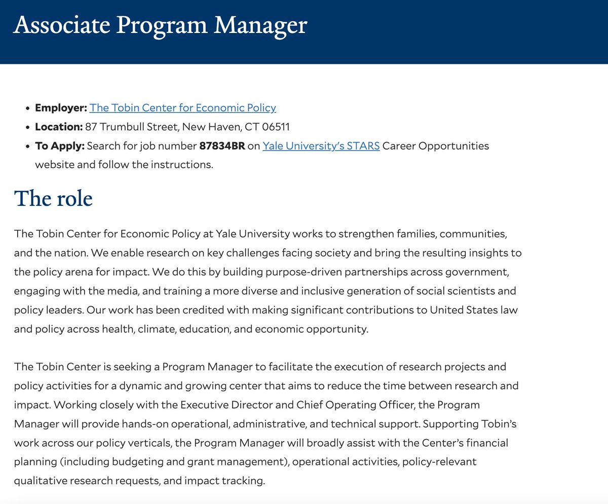 Join our team! We're hiring for an Associate Program Manager role, geared towards early career professionals interested in research and public policy. Learn more and apply here: tobin.yale.edu/careers/associ…