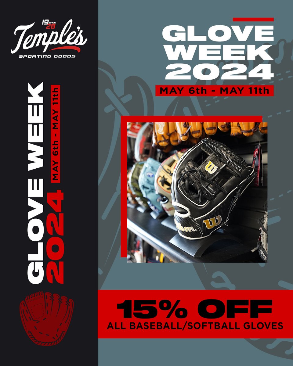 Glove Week 2024 is coming soon! ⚾ 🥎 Next week, all Baseball/Softball gloves are 15% off! In addition, all glove conditioner is 20% off with purchase of a glove! Don't miss out! #GloveWeek2024