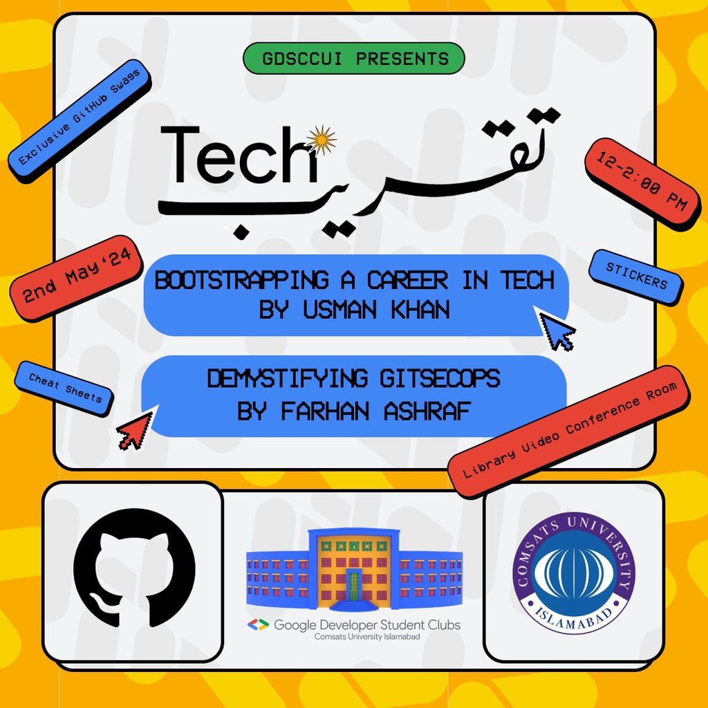 Join us for an exhilarating Tech-تقریب! 🌟 Dive into the world of tech with insightful talks by Usman Khan and Farhan Ashraf. Score awesome GitHub swags, stickers, and cheat sheets! 

📅: May 2nd, 12-2pm 

📌: Library Video Conference Room. 

Don’t miss out!