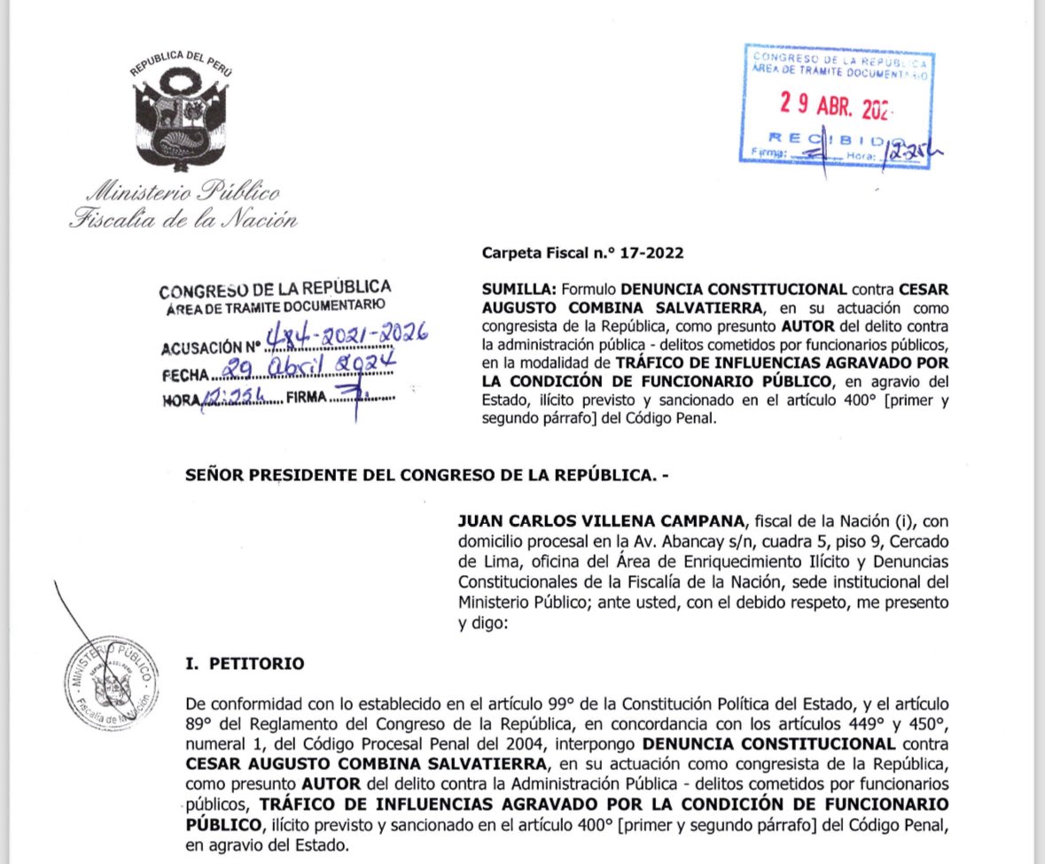 #AlertaLegislativa: Fiscalía presenta denuncia constitucional contra el excongresista César Combina. La denuncia completa acá: t.me/asmrlegislativo