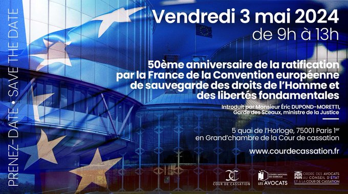 Logo of the Court of Cassation - Conference: 50th anniversary of France's ratification of the European Convention for the Protection of Human Rights and Fundamental Freedoms - Friday May 3, 2024 - Broadcast from 9 a.m. to 1 p.m.