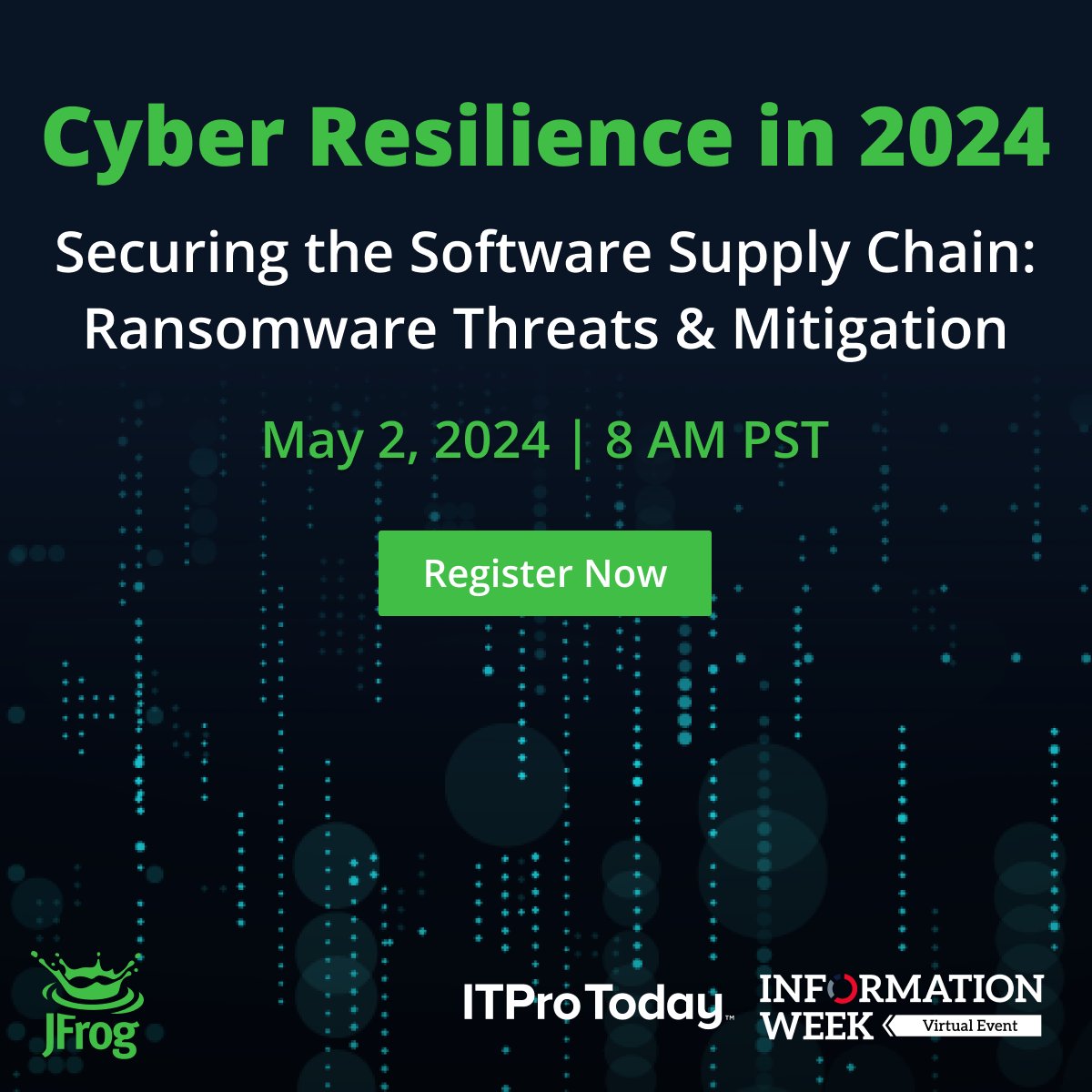 Stay ahead of the ever-growing threat of #ransomware by learning strategies to fortifying your defenses. Protect your operations from becoming a casualty & join us at @InformationWeek’s 'Cyber Resilience in 2024' virtual event on May 2. Save your spot: jfrog.co/3Udgiqk