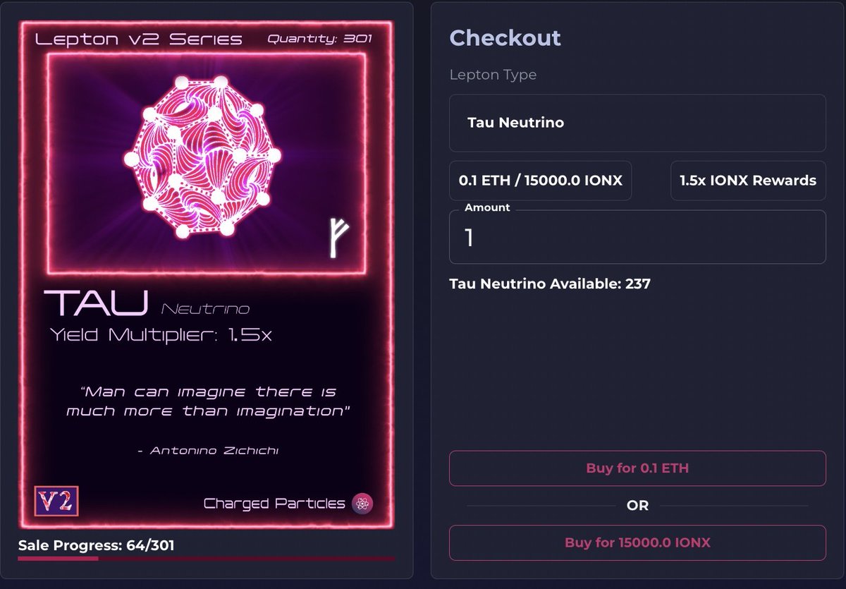 Introducing New $IONX Utility: You can now purchase our Leptons, a yield boosting NFT, via the DApp directly with your $IONX tokens Learn more about this new utility and how Leptons work here 👇 medium.com/charged-partic…