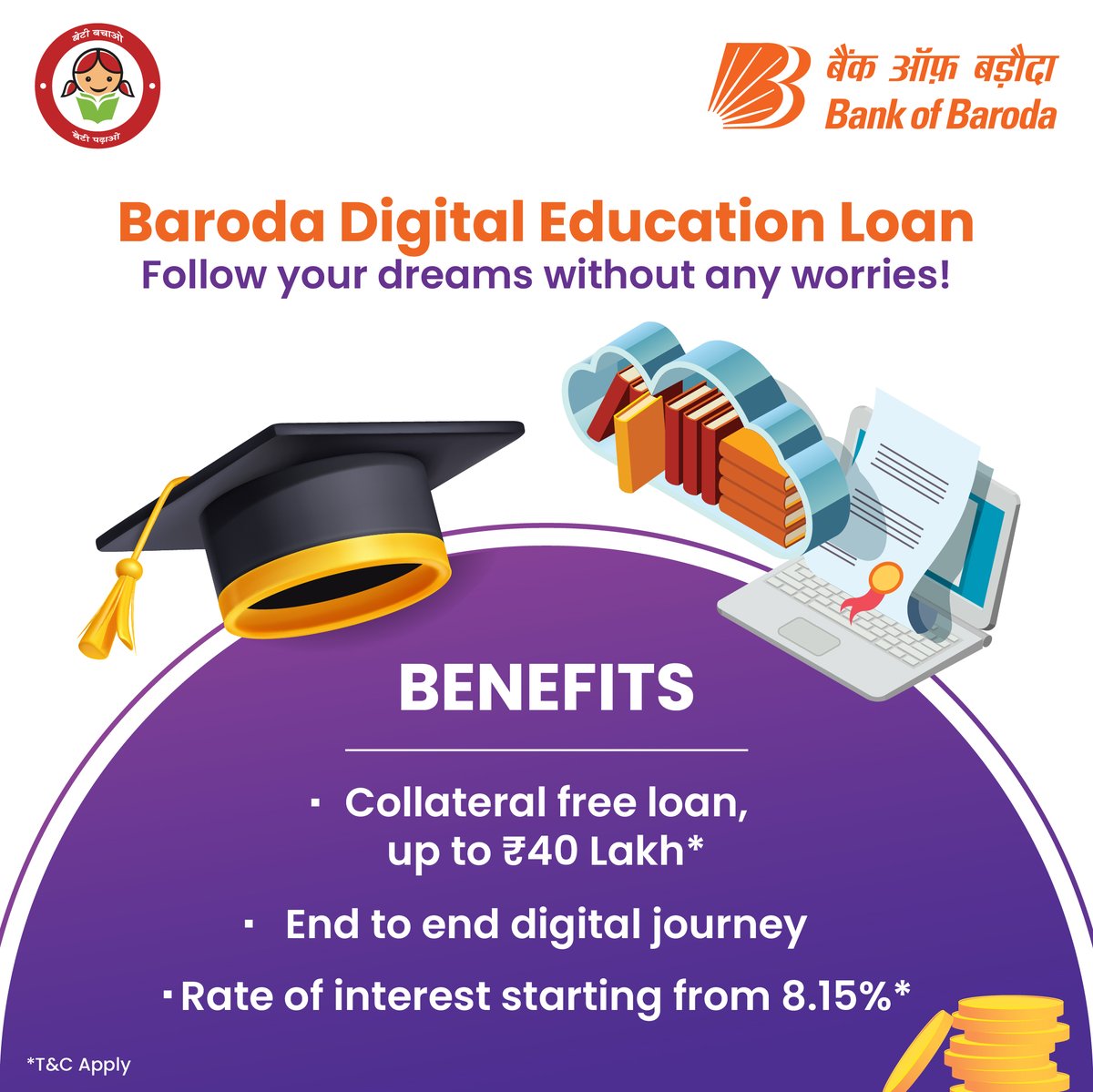 Unlock your educational aspirations with the #BankOfBaroda Digital Education Loan. Make your dream university a reality today! T&C  Apply now: bit.ly/4aY720o #BarodaDigitalEducationLoan #FlexibleRepayment #NoPrepaymentCharges
