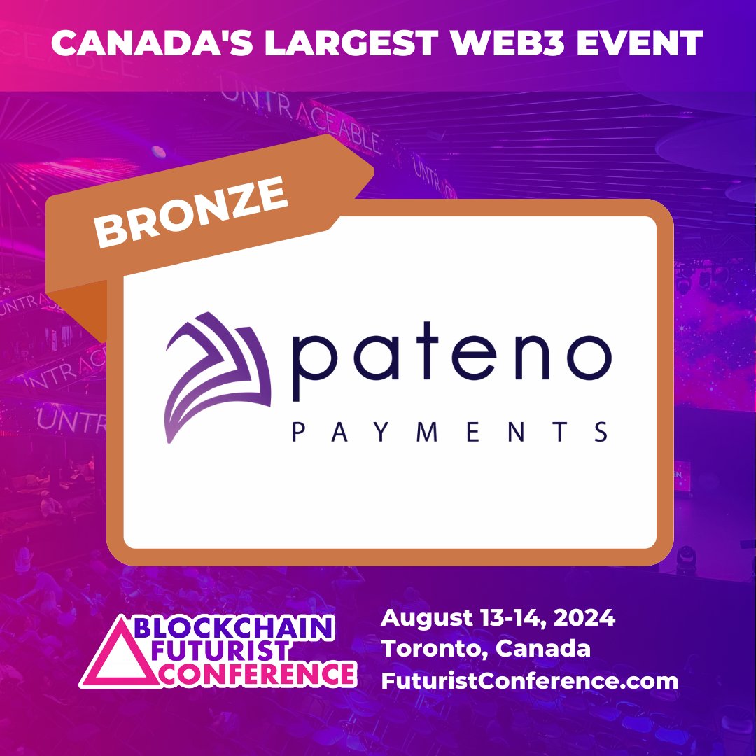 🌟 Come meet our team at the largest web3 event in Canada! Pateno is excited to announce our official Bronze Sponsorship of the @futurist_conf this Aug 13-14, 2024 in Toronto, Canada! See you in the future! 👋 #Futurist24 #ETHToronto #ETHWomen