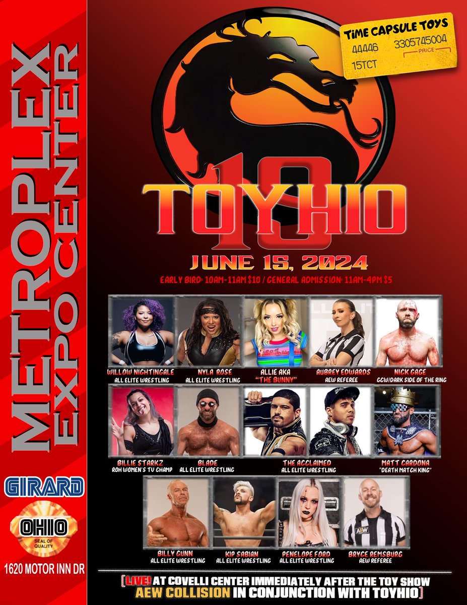 Good morning Youngstown, Ohio! Please come pregame #AEWCollision with me and this magical cast of characters at @toyhiotoyshow on Saturday, June 15. Will @TheKipSabian cosplay as Johnny Cage? Will @RefAubrey and I yell numbers AT EACH OTHER? Let’s find out together, huh?