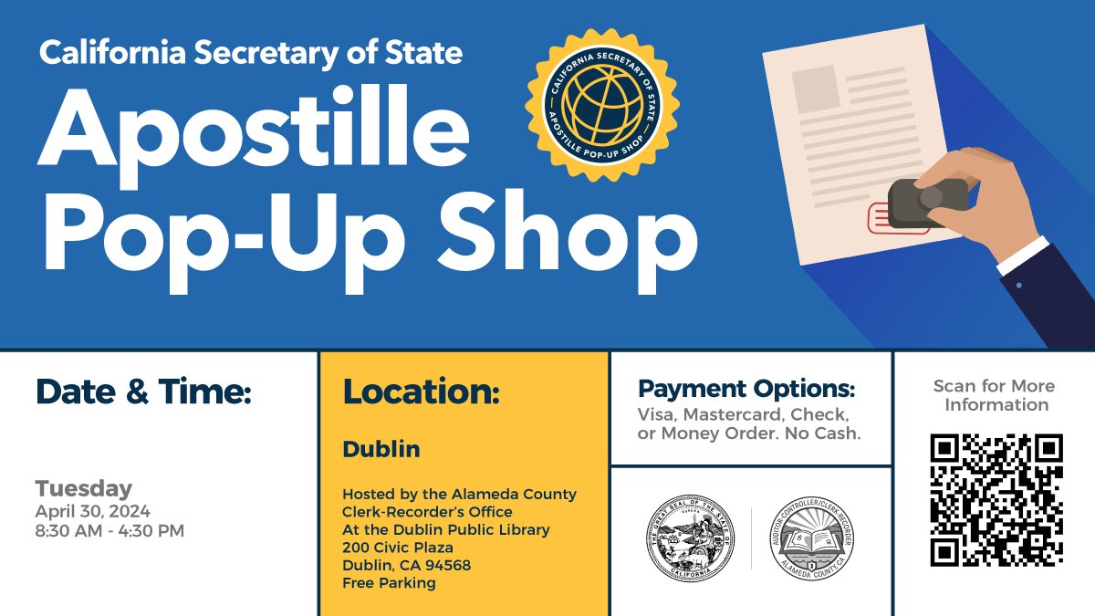 TODAY, the California Secretary of State’s Apostille Pop-Up Shop will be at the Dublin Public Library. If you're in need of an Apostille for business abroad, please come by. Go to sos.ca.gov/notary/request… for more information.