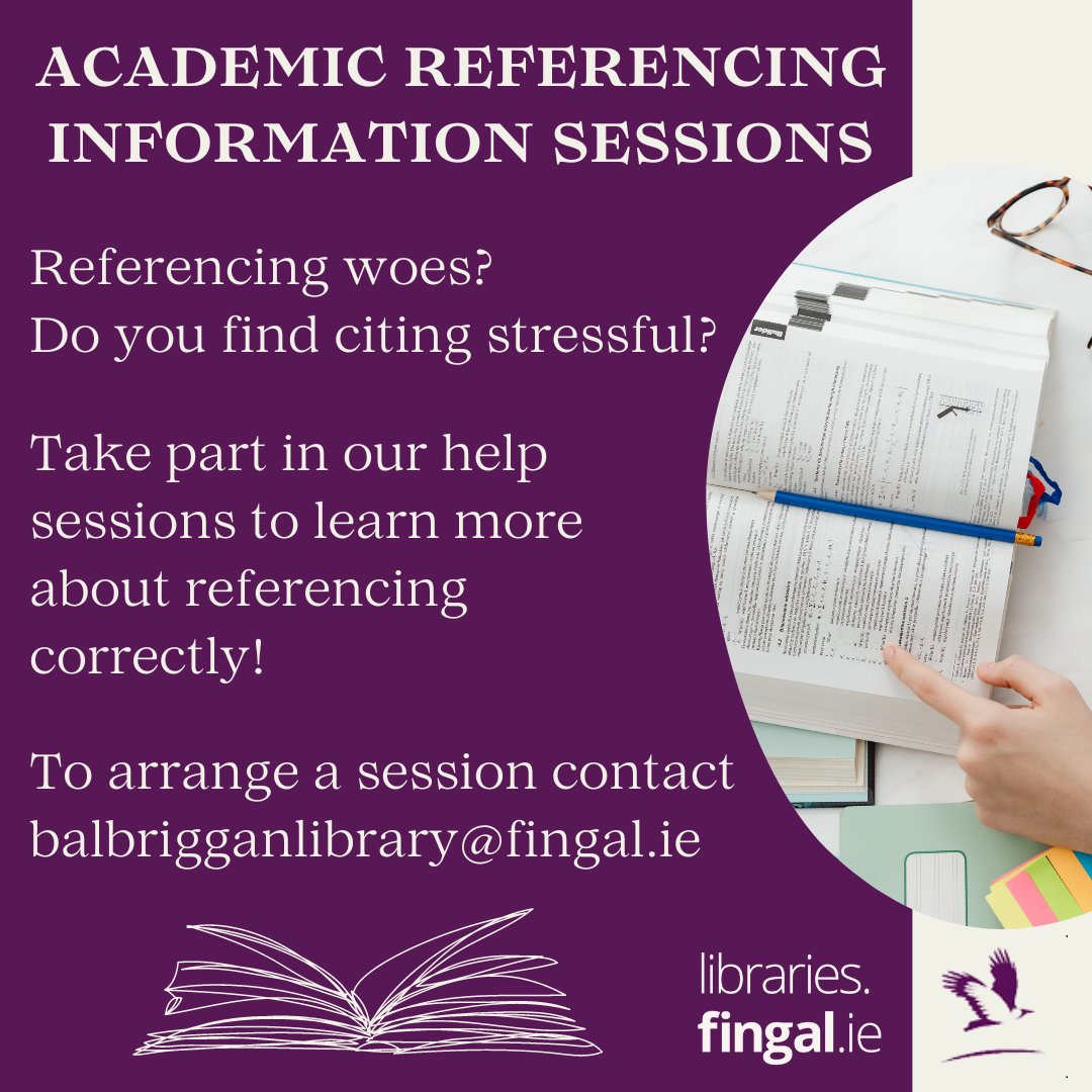 Do you find academic referencing confusing? Balbriggan Library's academic referencing sessions can help! If you would like guidance on how to cite your sources correctly, contact #BalbrigganLibrary for an appointment. Phone 01 870 4401 / email balbrigganlibrary@fingal.ie