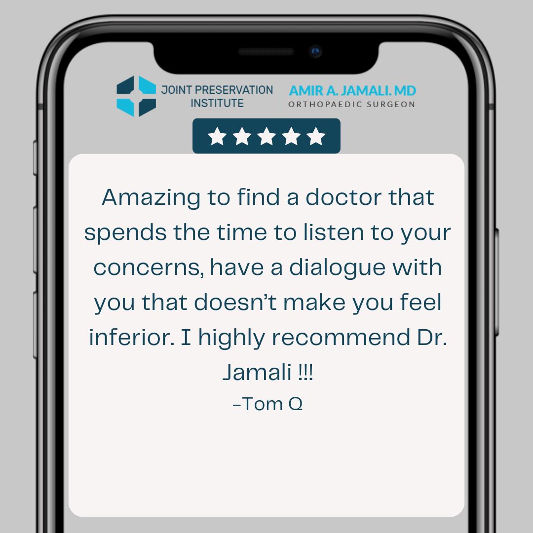 Our patient’s recommendations mean the world to us! Thank you, Tom.
#jointpreservationinstitute 
#amirjamalimd
#orthopedics #sportsmedicine
#patienttestimonial #testimonialtuesday