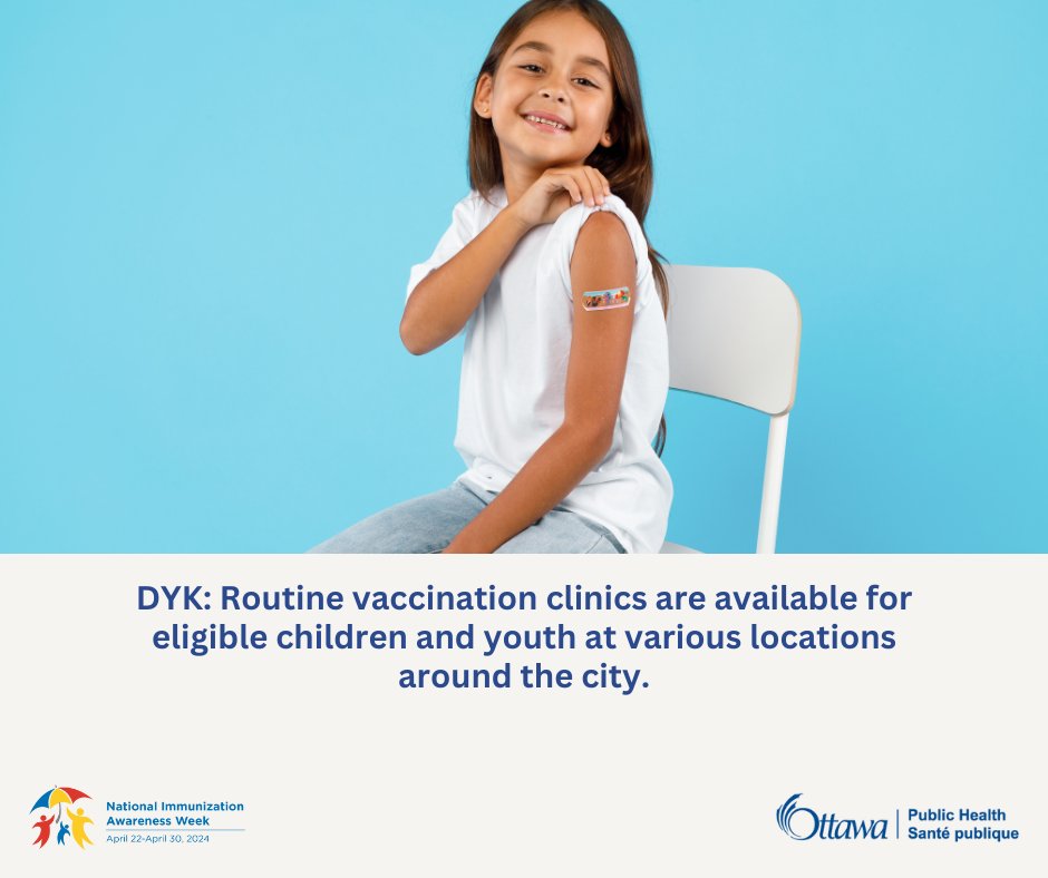 DYK: Routine vaccination clinics are available for eligible children and youth at various locations around the city. Staying up to date on vaccinations protects our community from diseases like measles, pertussis & varicella. Learn more: ParentinginOttawa.ca/Immunization