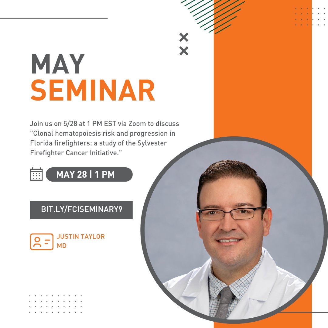 Join us on 5/28 at 1 pm EST for our next seminar on “Clonal Hematopoiesis Risk and Progression in Florida Firefighters,” presented by Dr. Justin Taylor. Clonal Hematopoiesis can be an important indicator for blood cancer risk. 🔗 Register here: bit.ly/fciseminary9.