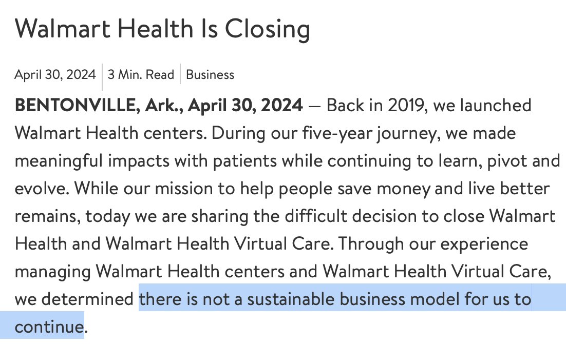 Woah. Walmart Health shutting down—all clinics along with virtual care services Link: fiercehealthcare.com/providers/walm…