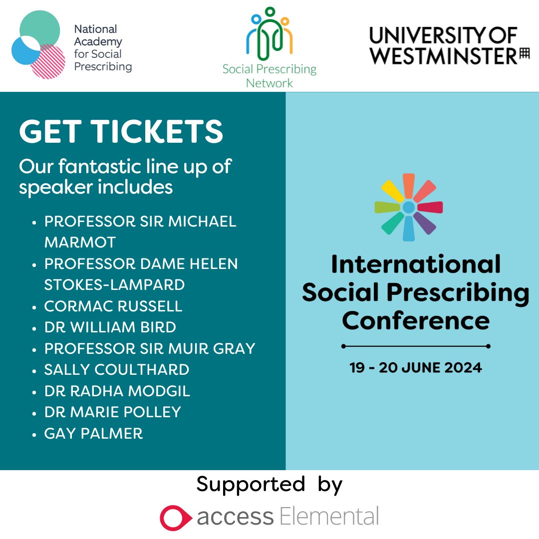 Get tickets for the International Social Prescribing Conference, 19 - 20 June, London: ow.ly/C1E950RsfN3 Hosted by NASP, @SocialPrescrib2 and @UniWestminster the conference has a fantastic line up of speakers to hear from.