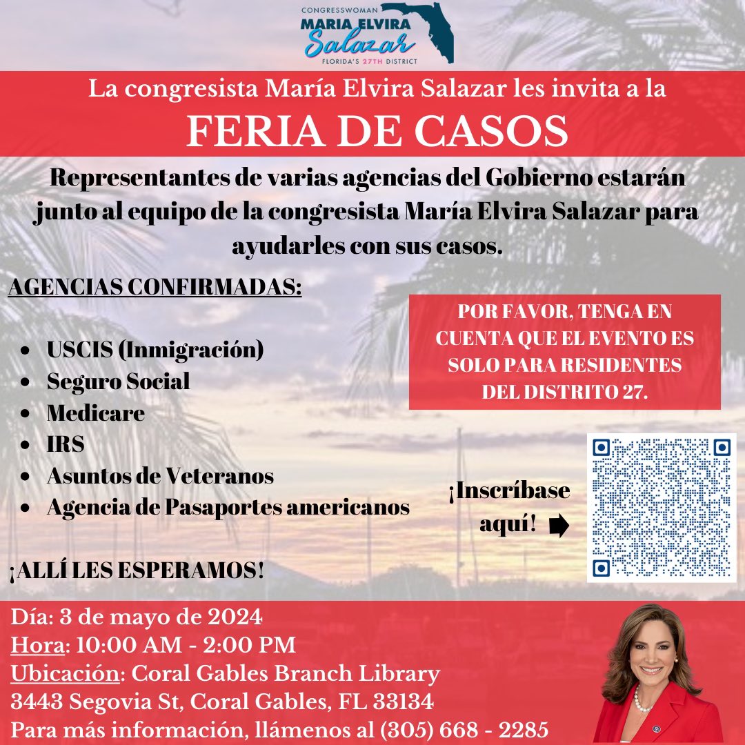 ESTE VIERNES: Mi Oficina organiza una Feria de Casos con representantes de agencias federales. Si eres residente del Distrito 27 y tienes un caso, te esperamos el próximo 3 de mayo en la Biblioteca de Coral Gables, de 10AM a 2PM. Inscríbete en el siguiente enlace ⬇️…