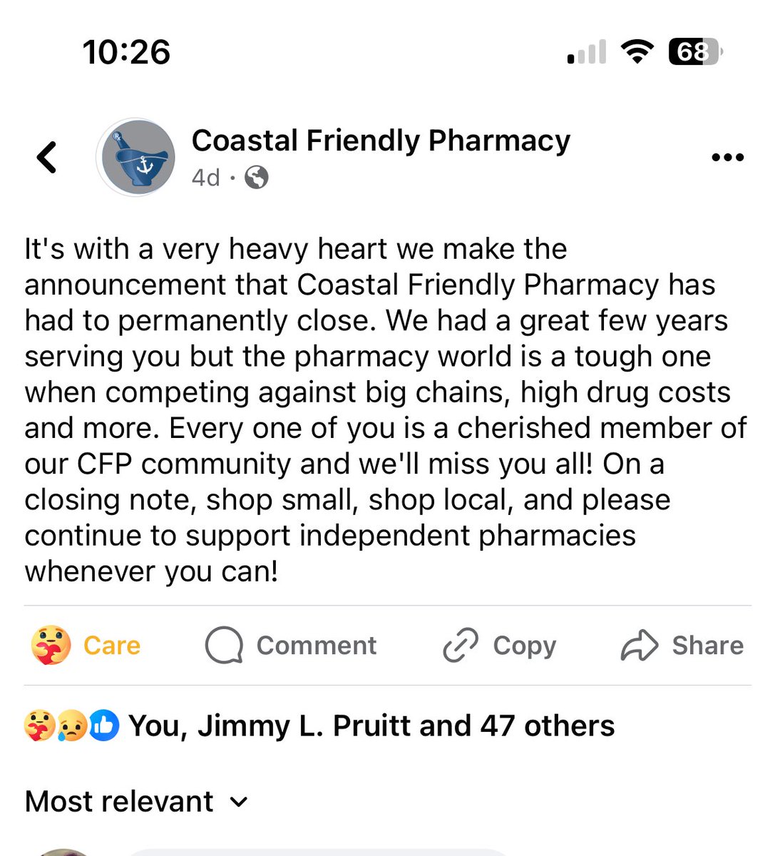 Another one….a great indy that was opened by an incredible alum 😔 #pharmacyclosing @Commpharmacy