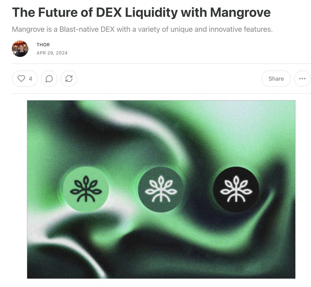 We posted an extensive report on @MangroveDAO over at On Chain Times yesterday. Mangrove is a Blast-native orderbook DEX with integrated 'hooks' similar to Uni V4. This allows for several different use cases including 'amplified orders' which lets LPs post multiple orders…