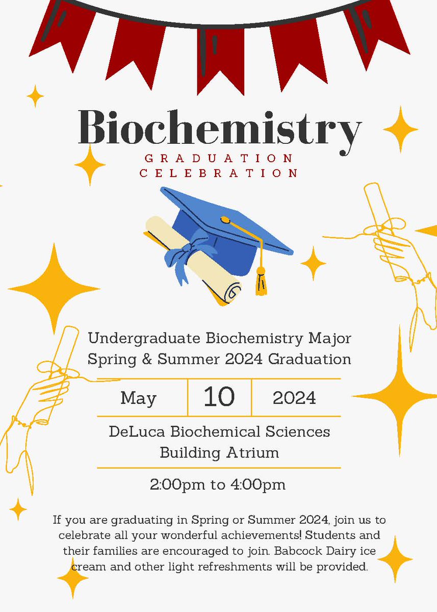 🎓 Graduating Biochem majors: You're invited to Biochemistry's Graduation Celebration on May 10! Enjoy treats and a photo booth with your family and friends. For more information, contact the Advising Hub: biochemmicrobio.wisc.edu/advising/ #UWGrad