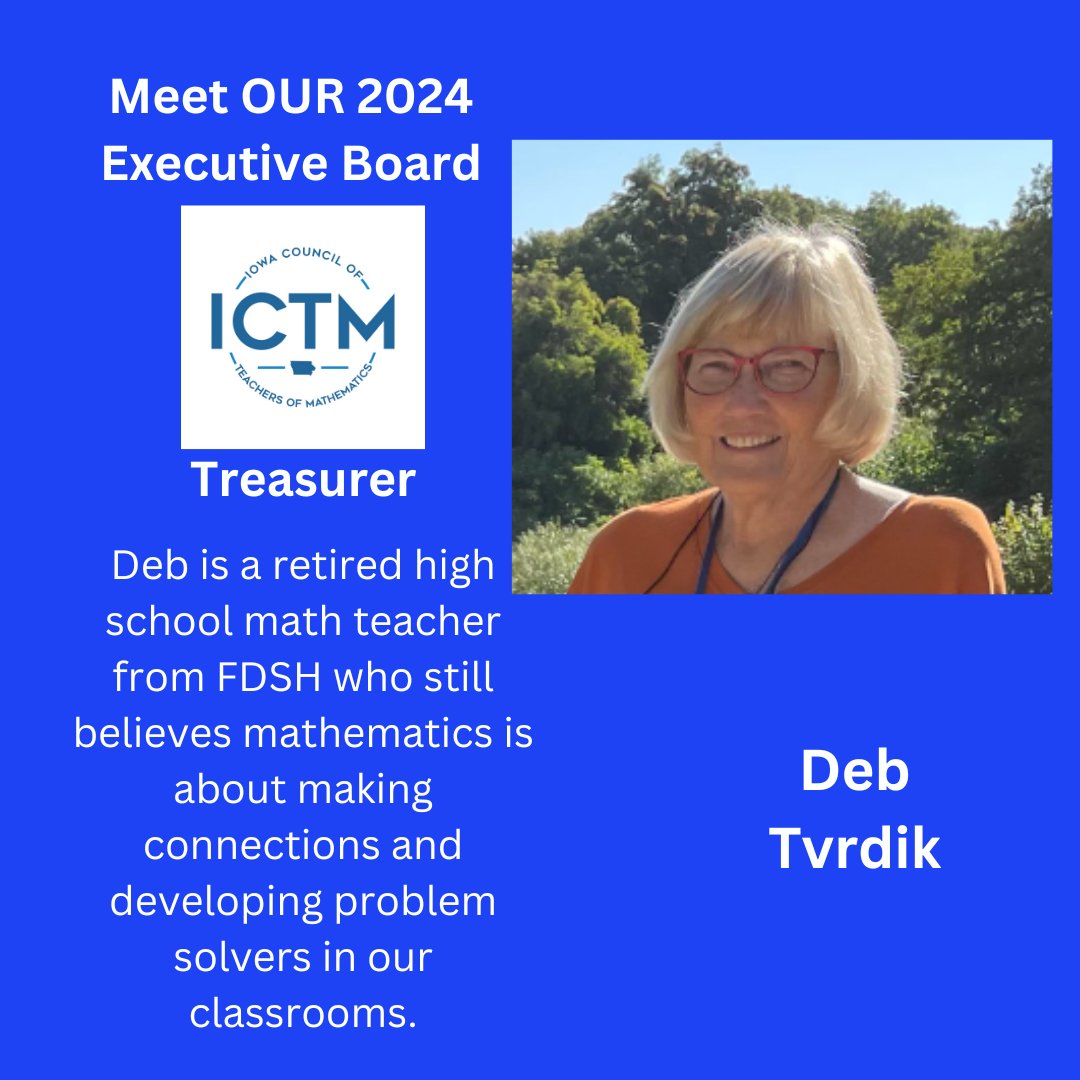 Meet Deb Tvrdik Our 2024 Treasurer! iowamath.org #iowamathteach #mathteach #elemmath #iteachmath #mtbos #mathcoach #iaedchat #iatlc