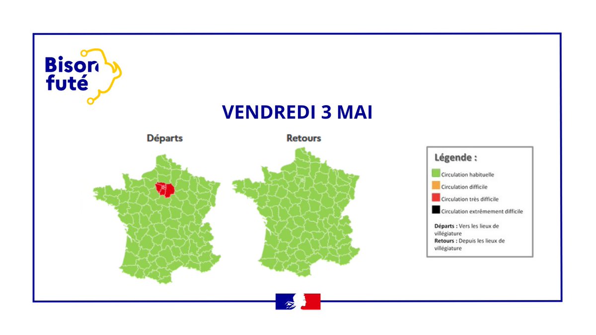 BisonFute_MT's tweet photo. ℹ️#InfoTrafic #weekend 5 #vacances #printemps 
#Départs
🟥Très difficile en IdF vendredi 03/05
🟧Difficile National samedi 04/05
#Retours
🟩Circulation habituelle les 3 jours
Prévisions détaillées➡️https://t.co/FT7XQuaWVp🚗🛣️
Pour trajets courts, privilégiez marche ou vélo. https://t.co/gb8ntO6K4i