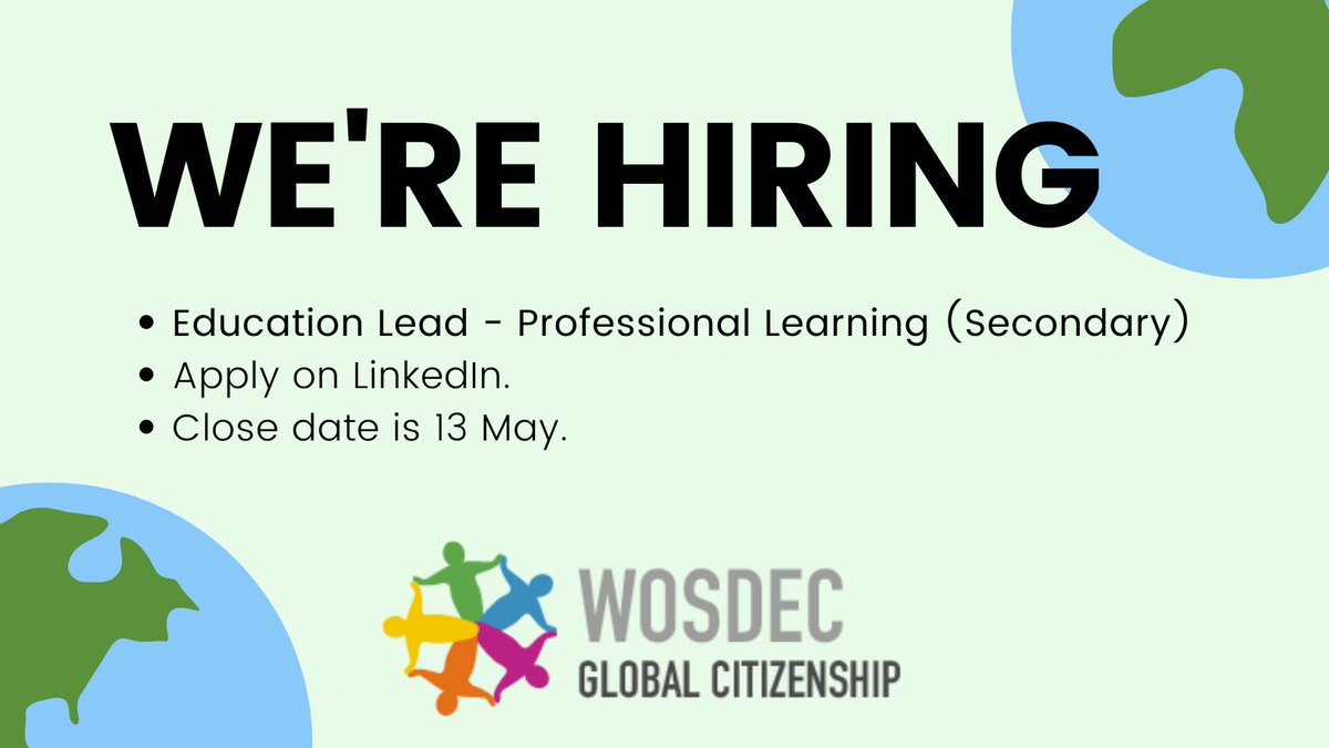 We're hiring! If you are a Secondary teacher with a passion for Global Citizenship, LfS and rights-based Learning through an anti-racist lens you might be just what we are looking for. Close date: 13 May. Apply here: linkedin.com/jobs/view/3912… #GlobalCitizenship #LfS