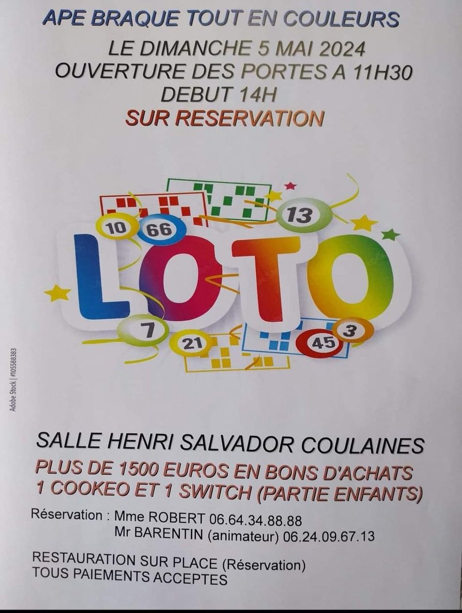 📣 L'association des parents d'élèves de Braque organise son loto le dimanche 5 mai à l'Espace culturel Henri Salvador. Participation sur réservation, ouvert à tous !