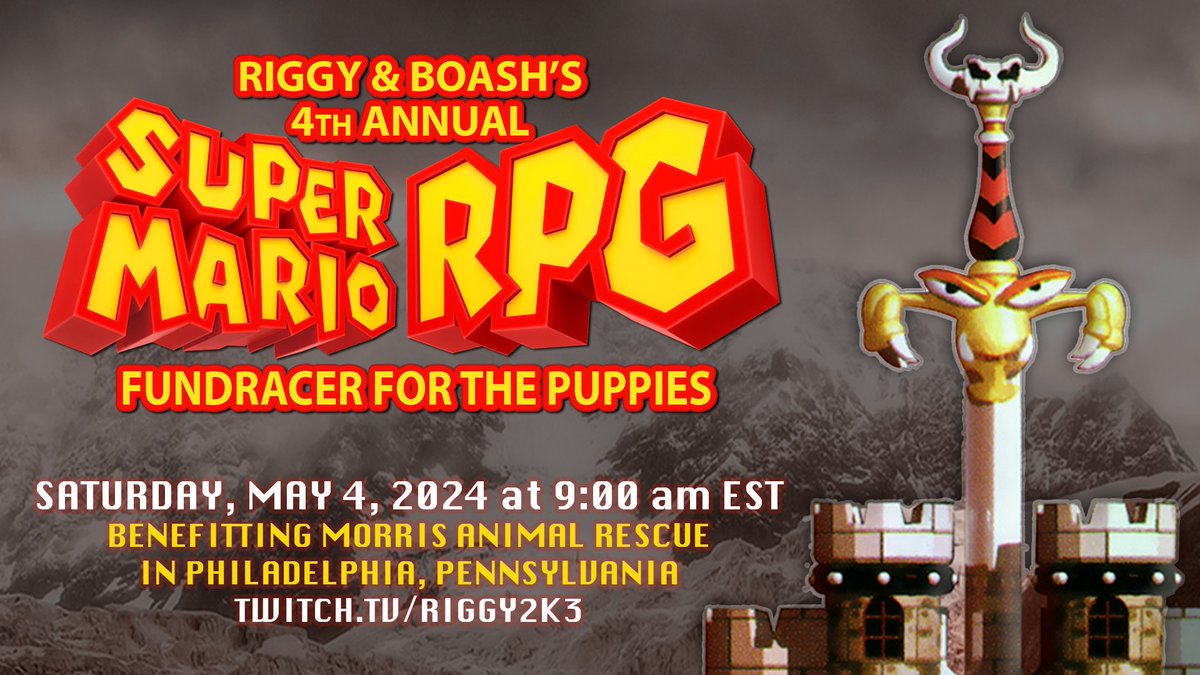 For the past 4 years, @Boash64 and I have been playing our favorite game #SuperMarioRPG to raise money for @MorrisAnimal -- and this year, we get to do so with the REMAKE!!!! Please join us on May 4th at 9:00 am EST as we race through the game to raise money for a good cause!