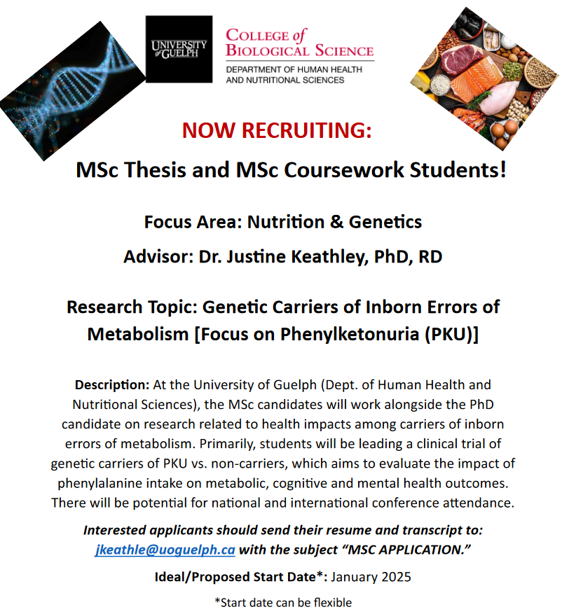 ⭐️Come work with me! 🔎 I am in search of two  exceptional MSc students to help lead some exciting research on genetic carriers of inborn errors of metabolism at the University of Guelph.  Options for thesis or coursework based. Please share with your networks! <a href="/uofg/">University of Guelph</a> <a href="/UofG_HHNS/">HHNS at UofG</a>