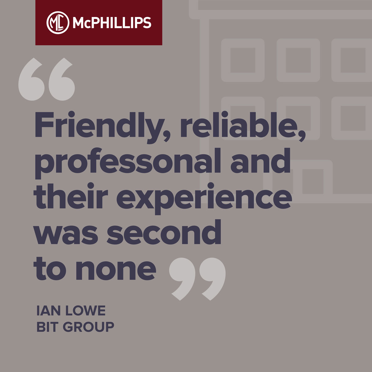 We work hard to deliver solutions to the highest standards, striving to be the best and delighting our clients.

See how our values translate into satisfied customers at mcphillips.co.uk/testimonials/

#Teamwork #HighStandards #HighPerformance #CustomerSatisfaction