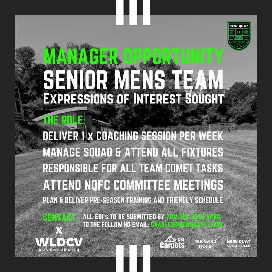 LAST CALL - DEADLINE 7PM TODAY

Interested? Apply Now!

A fantastic opportunity to manage a club with brilliant facilities, a great set up and a top bunch of lads ready to get behind the next manager. Is this you? 

Apply Now, it takes 2 minutes. 

Email: charles@newquayfc.com