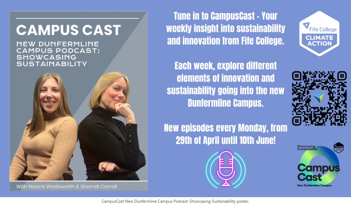 Excited to share #CampusCast #Podcast teaser episode via @BoomScotland @Spotify @AppleMusic @Google @fifecollege #student Sharrell Carroll & #SustainabilityCoordinator Naomi Wadsworth talk about the new #DunfermlineCampus Scan the QR code below to have a listen! #sustainability