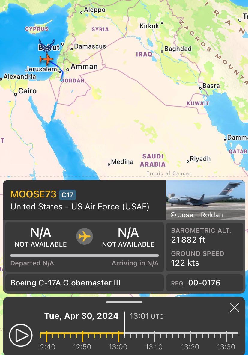 A second US Air Force C-17 from Al Udeid to Nevatim Air Base, Israel. 

Just changed callsign mid-flight from 'X' to 'MOOSE73', not sure if it really transited via Cyprus.